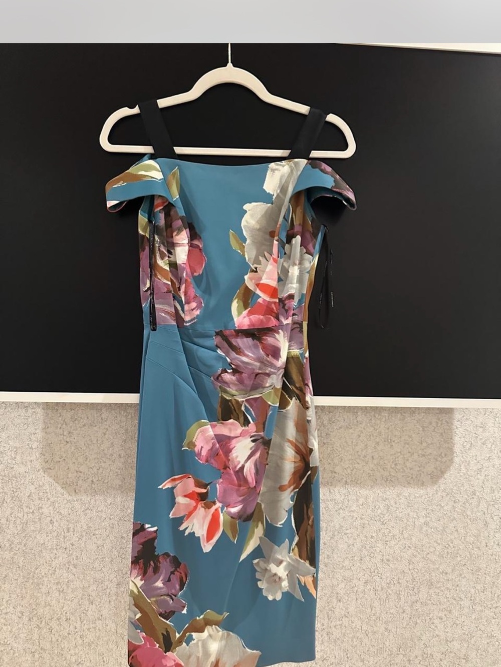 Floral Off-Shoulder Midi Dress in Teal with Black Straps